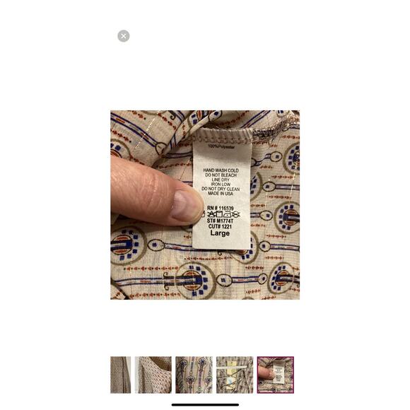 NWT Boutique Emory Park L/S Peasant Blouse Lace Up Neckline Taupe Navy Pattern L - Picture 9 of 11